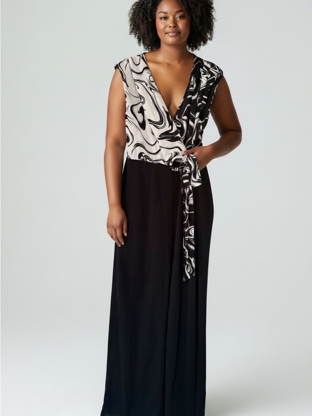 Sleeveless Black & White Marble-Print Wrap Maxi Wide Leg Gemini Jumpsuit